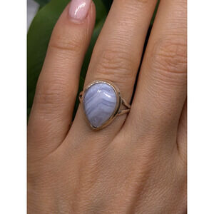 925 Sterling Silver Pear-Shaped Blue Lace Agate Ring Size 7.5